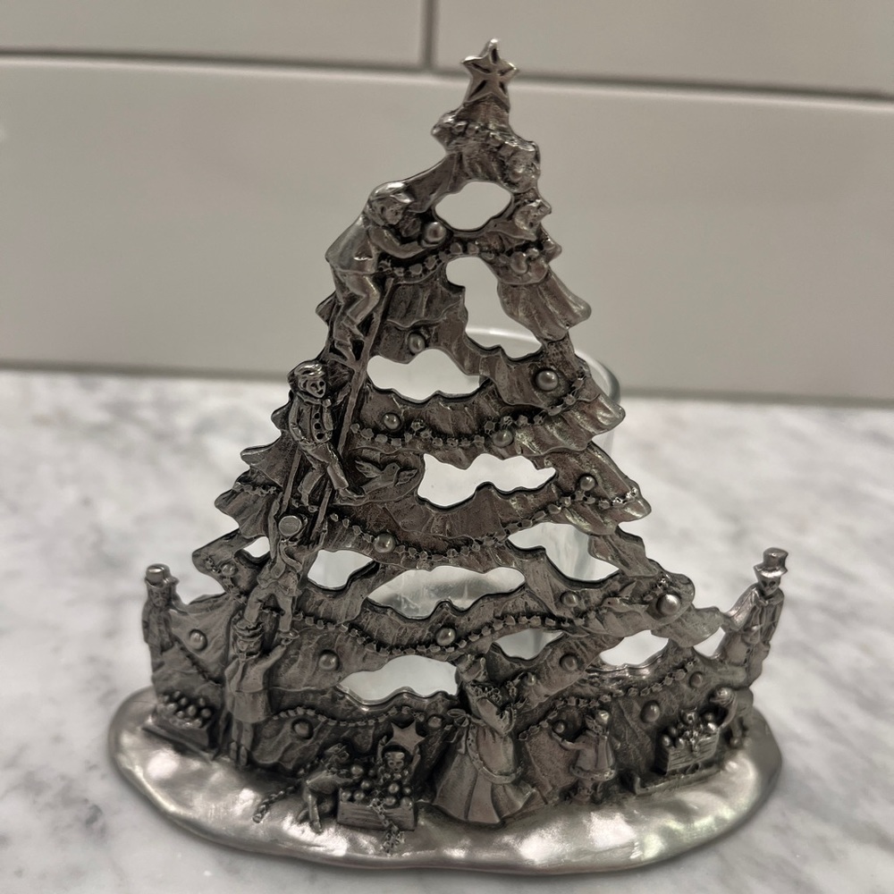 Vintage Pewter Christmas Candle with Glass Candle Votive